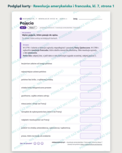 Rewolucja amerykańska i francuska, kl. 7 — 10 kart PDF z kluczem — podgląd karty, strona 1