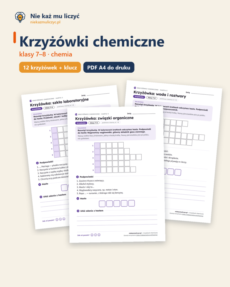 Krzyżówki chemiczne klasy 7–8 — 12 krzyżówek z hasłem PDF — okładka