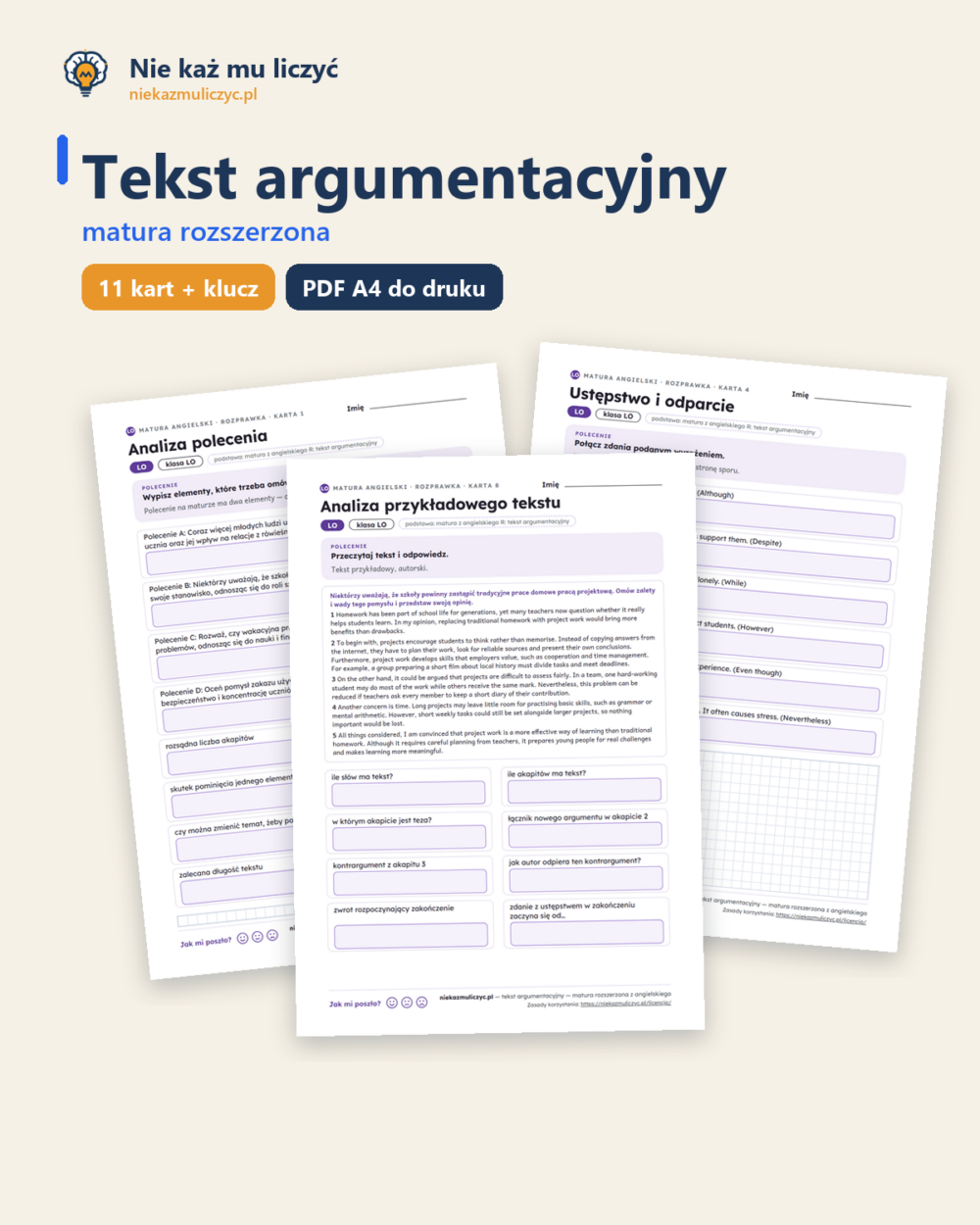 Tekst argumentacyjny — matura z angielskiego — 11 kart PDF z kluczem — okładka