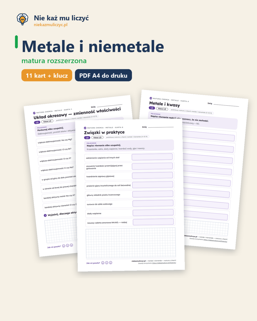 Metale i niemetale — matura z chemii — 11 kart PDF z kluczem — okładka