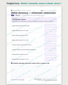 Metale i niemetale — matura z chemii — 11 kart PDF z kluczem — podgląd karty, strona 1