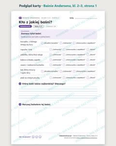 Baśnie Andersena — karty do lektury, klasy 2–3, 10 kart PDF — podgląd karty, strona 1