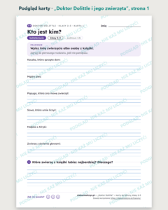 „Doktor Dolittle i jego zwierzęta” — karty do lektury, klasy 2–3 — podgląd karty, strona 1