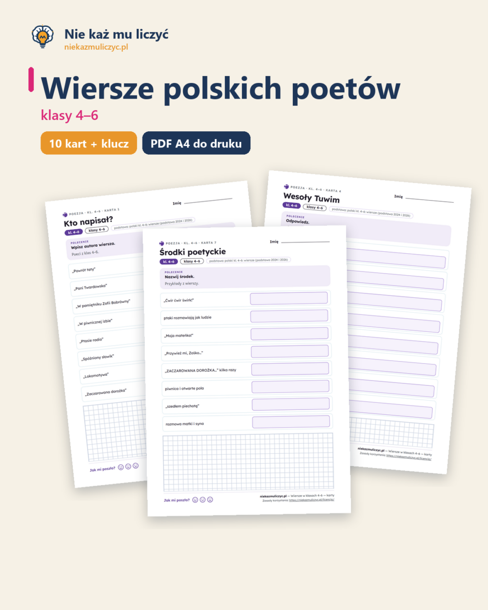 Wiersze polskich poetów — karty do lektury, klasy 4–6, 10 kart PDF — okładka