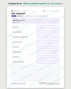 Wiersze polskich poetów — karty do lektury, klasy 4–6, 10 kart PDF — podgląd karty, strona 1
