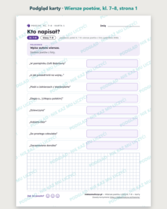 Wiersze poetów — karty do lektury, klasy 7–8, 10 kart PDF — podgląd karty, strona 1