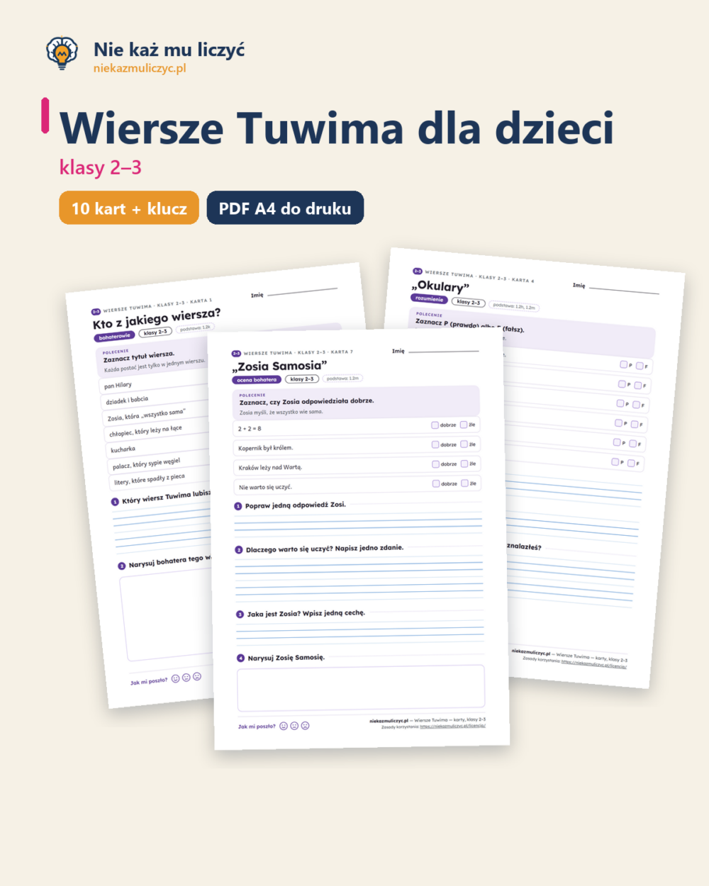 Wiersze Tuwima dla dzieci — karty do lektury, klasy 2–3, 10 kart PDF — okładka