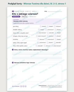 Wiersze Tuwima dla dzieci — karty do lektury, klasy 2–3, 10 kart PDF — podgląd karty, strona 1