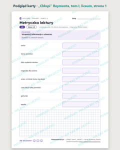 „Chłopi” Reymonta, tom I — karty do lektury, liceum, 10 kart PDF — podgląd karty, strona 1