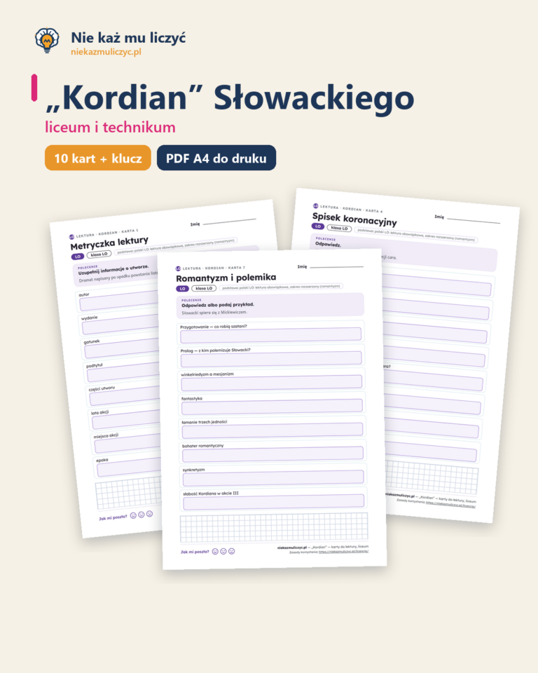 „Kordian” Słowackiego — karty do lektury, liceum, 10 kart PDF — okładka
