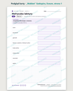 „Makbet” Szekspira — karty do lektury, liceum, 10 kart PDF — podgląd karty, strona 1