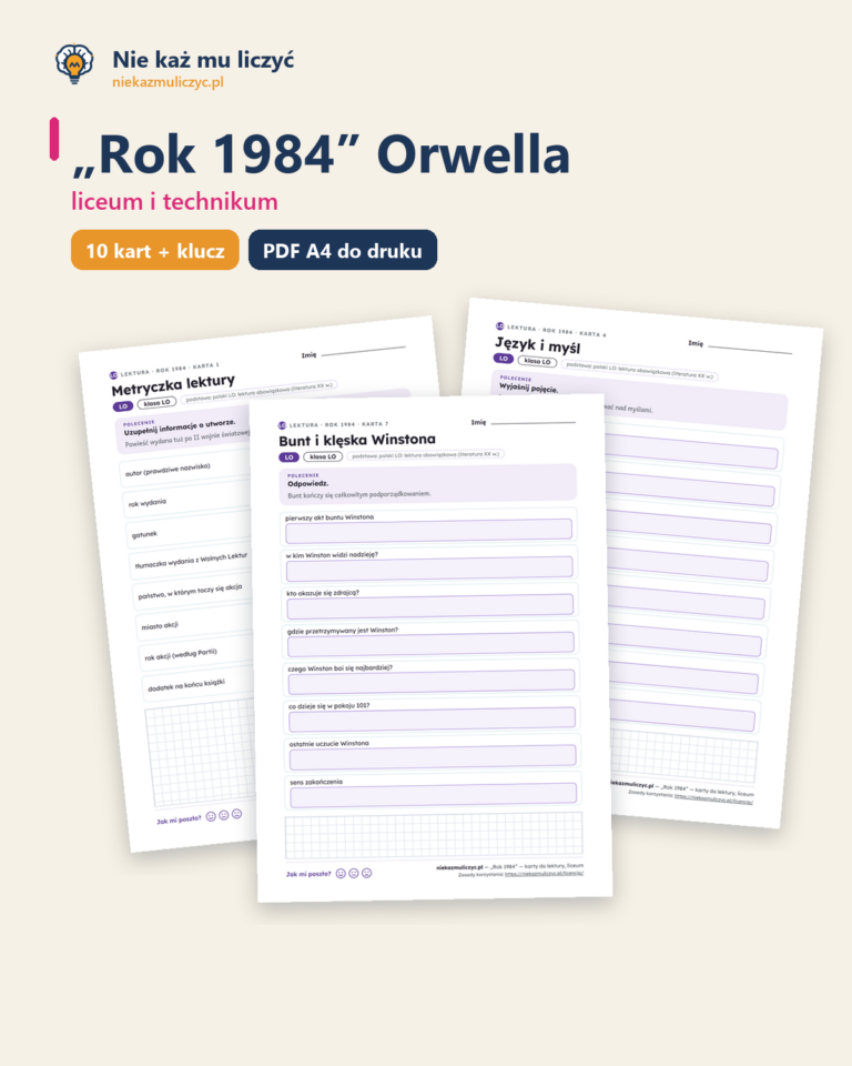 „Rok 1984” Orwella — karty do lektury, liceum, 10 kart PDF — okładka