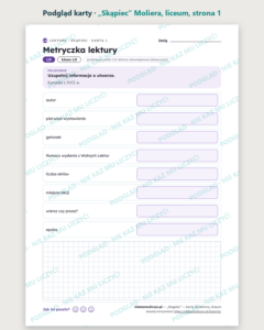 „Skąpiec” Moliera — karty do lektury, liceum, 10 kart PDF — podgląd karty, strona 1