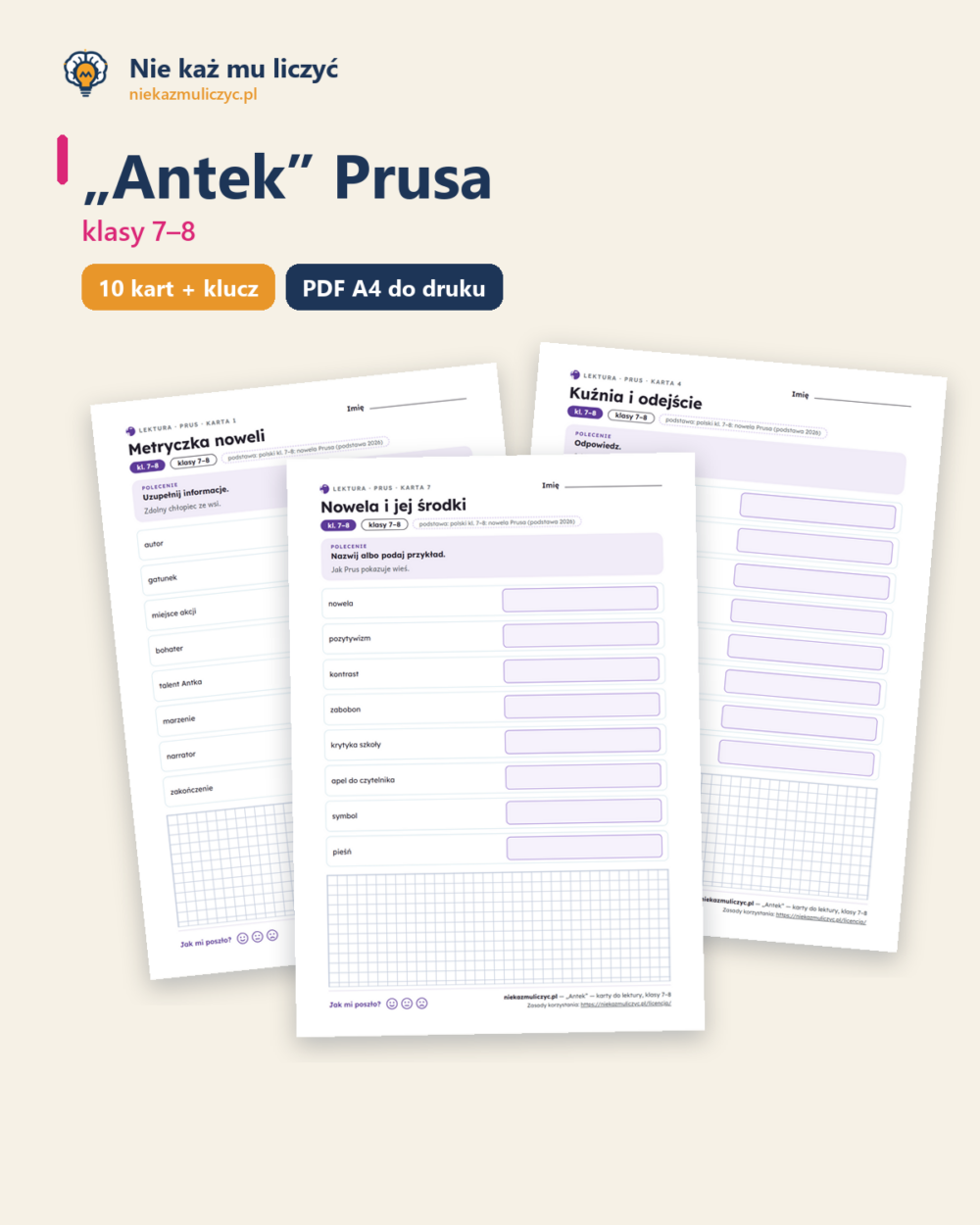 „Antek” Prusa — karty do lektury, klasy 7–8, 10 kart PDF — okładka