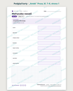 „Antek” Prusa — karty do lektury, klasy 7–8, 10 kart PDF — podgląd karty, strona 1