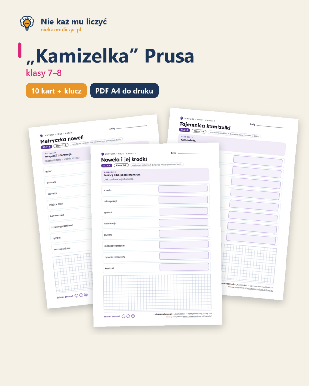 „Kamizelka” Prusa — karty do lektury, klasy 7–8, 10 kart PDF — okładka