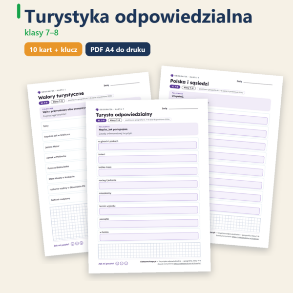 Turystyka odpowiedzialna — geografia, klasy 7–8, 10 kart PDF — okładka