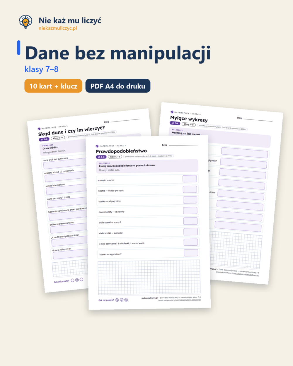 Dane bez manipulacji — matematyka, klasy 7–8, 10 kart PDF — okładka