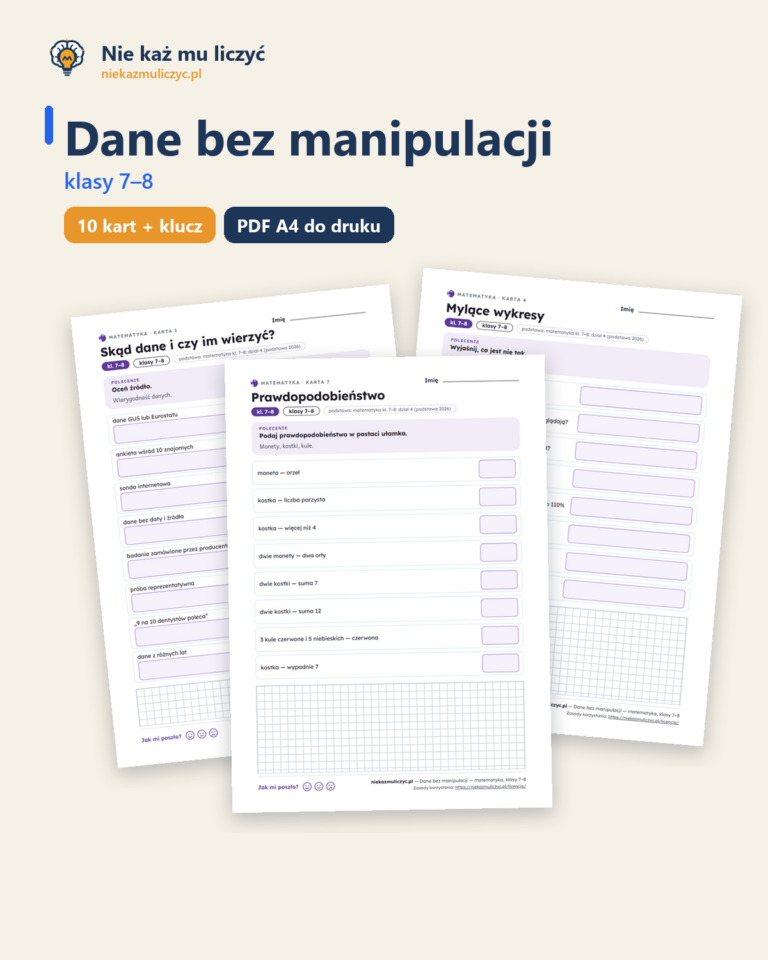Dane bez manipulacji — matematyka, klasy 7–8, 10 kart PDF — okładka