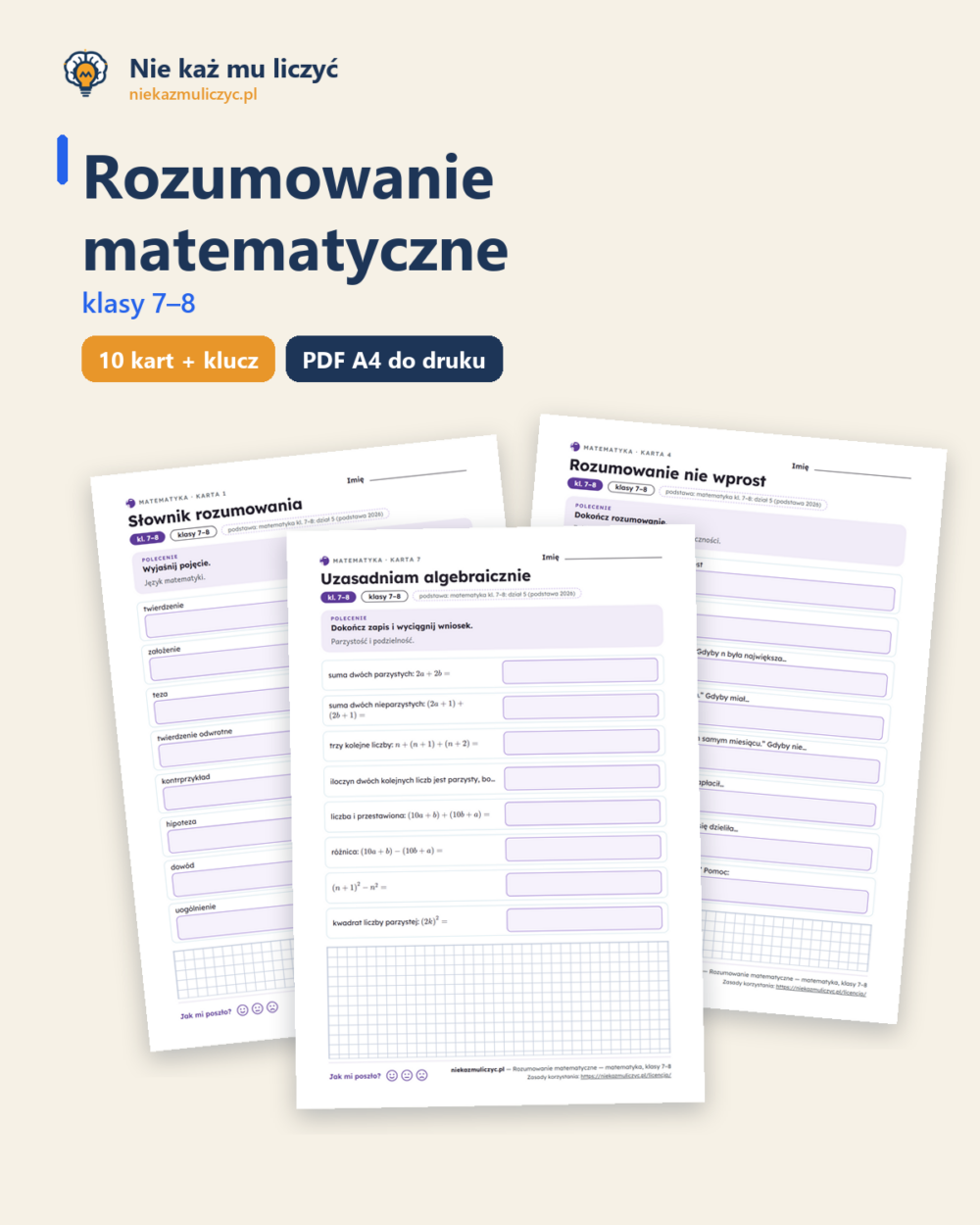 Rozumowanie matematyczne — matematyka, klasy 7–8, 10 kart PDF — okładka