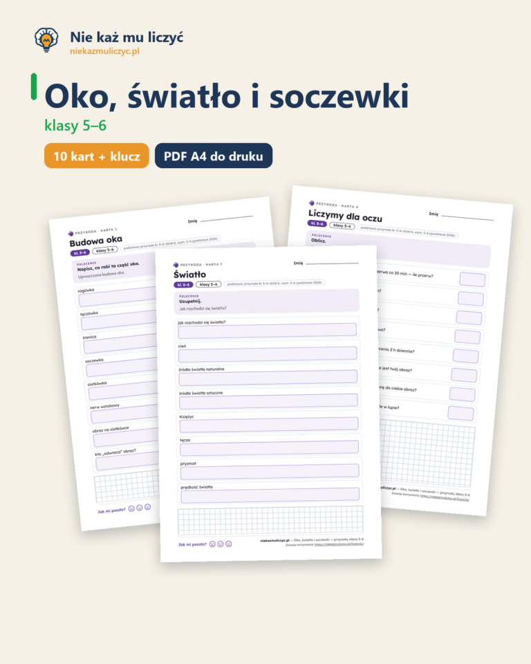 Oko, światło i soczewki — przyroda, klasy 5–6, 10 kart PDF — okładka
