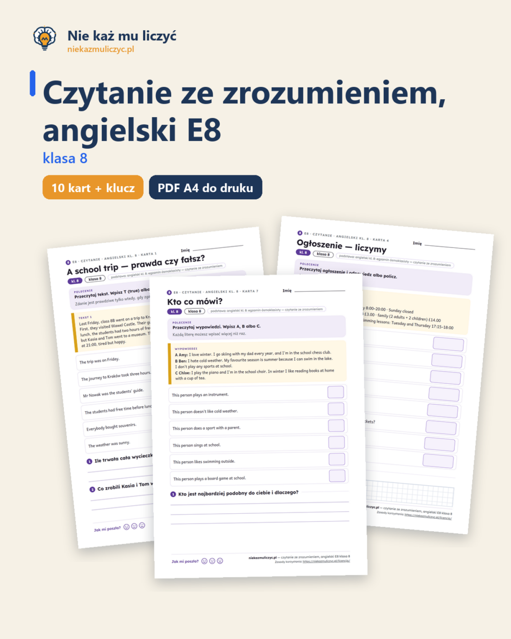 Czytanie ze zrozumieniem, angielski E8 klasa 8 — 10 kart PDF — okładka