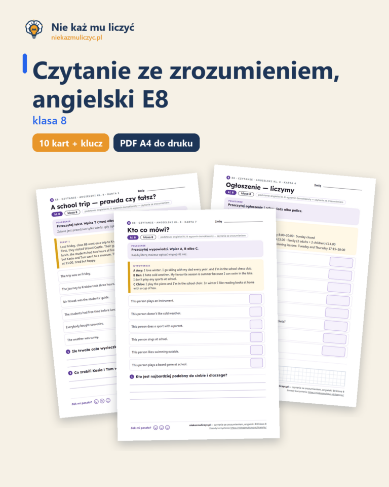 Czytanie ze zrozumieniem, angielski E8 klasa 8 — 10 kart PDF — okładka
