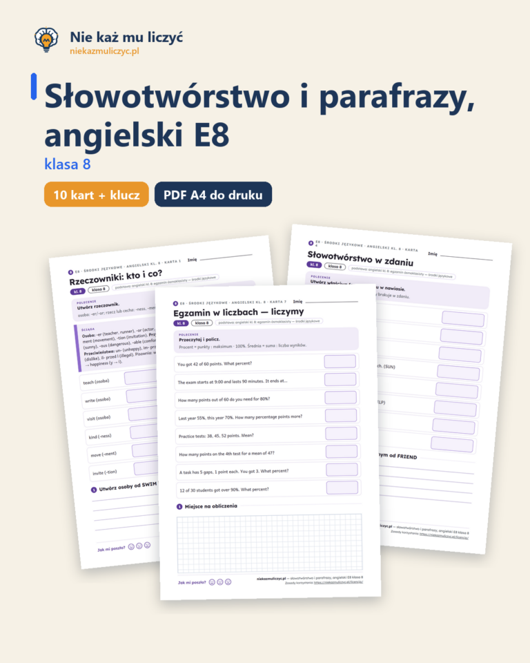 Słowotwórstwo i parafrazy, angielski E8 klasa 8 — 10 kart PDF — okładka