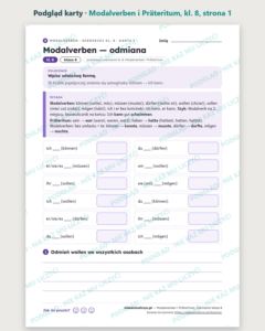 Modalverben i Präteritum, niemiecki klasa 8 — 10 kart pracy PDF — podgląd karty, strona 1