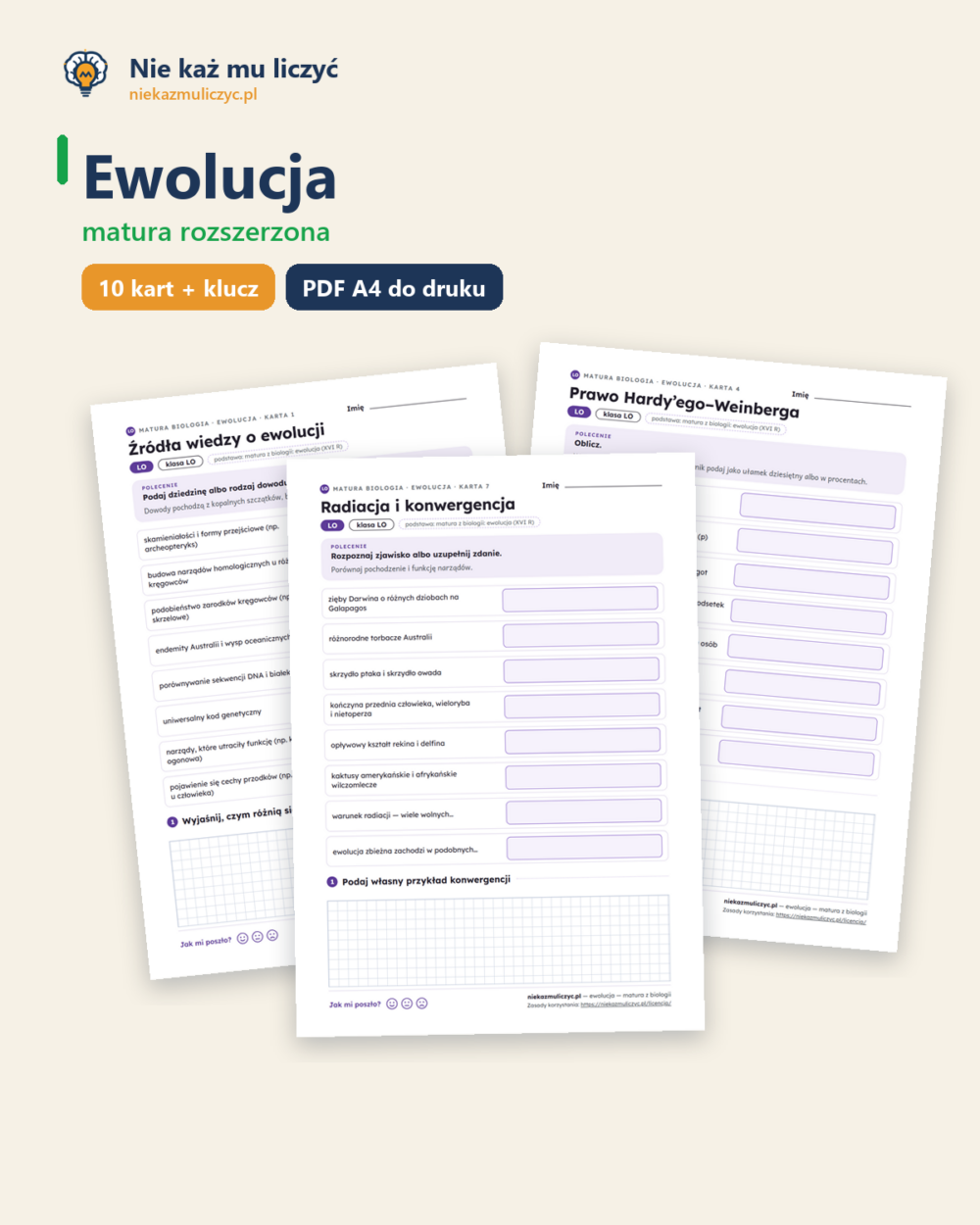 Ewolucja — matura z biologii — 10 kart PDF z kluczem — okładka