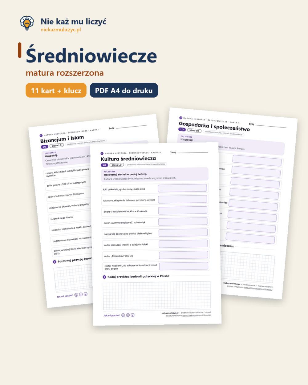 Średniowiecze — matura z historii — 11 kart PDF z kluczem — okładka