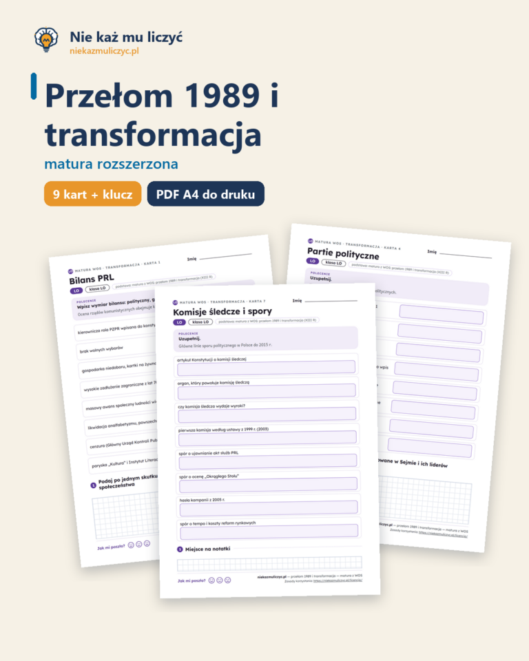 Przełom 1989 i transformacja — matura z WOS — 9 kart PDF z kluczem — okładka