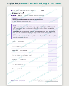 Gerund i bezokolicznik (-ing czy to), angielski kl. 7–8 — 10 kart PDF — podgląd karty, strona 1