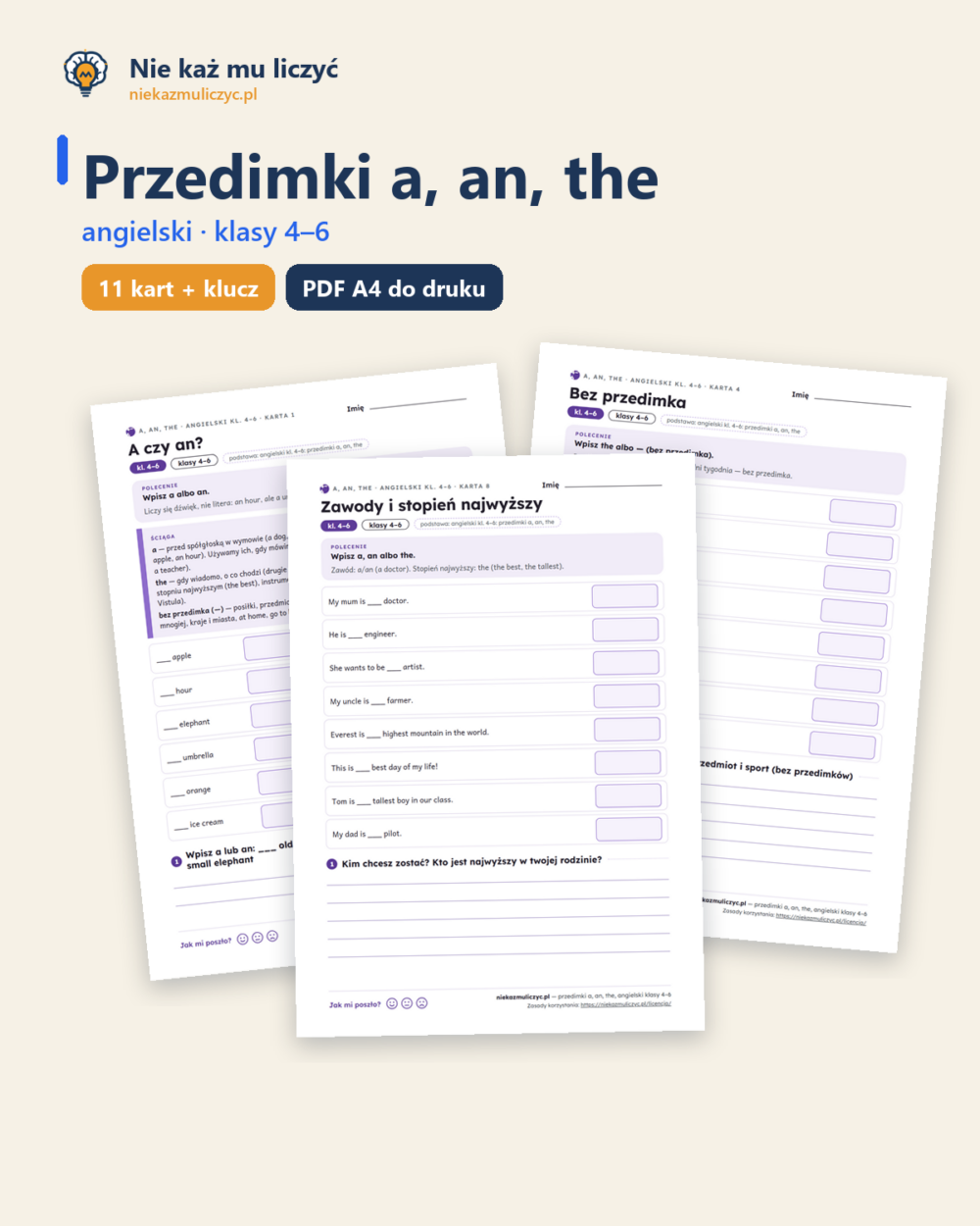Przedimki a, an, the, angielski kl. 4–6 — 11 kart PDF z kluczem — okładka