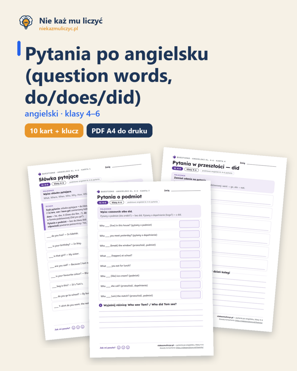 Pytania po angielsku: question words, do/does/did — 10 kart PDF — okładka