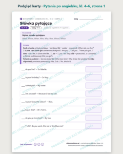 Pytania po angielsku: question words, do/does/did — 10 kart PDF — podgląd karty, strona 1