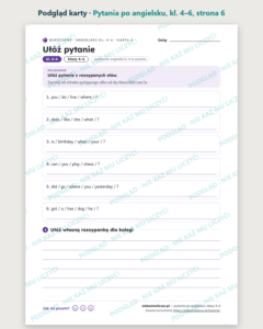 Pytania po angielsku: question words, do/does/did — 10 kart PDF — podgląd karty, strona 6