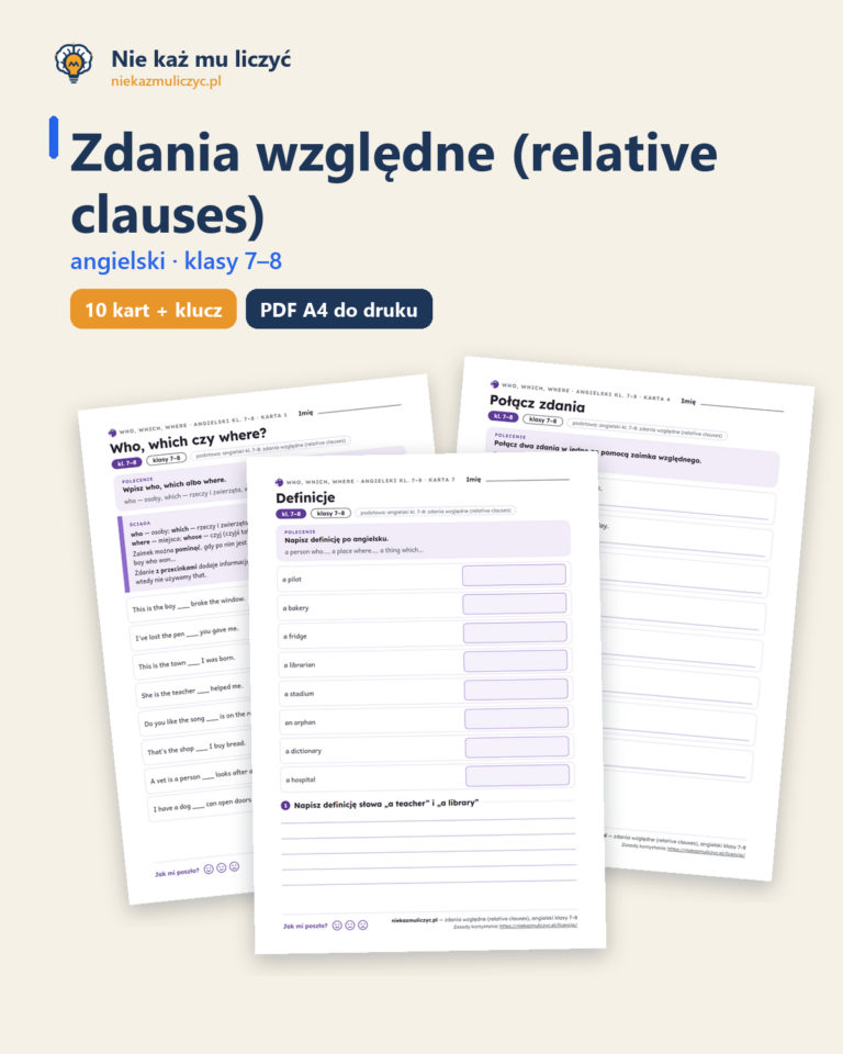 Relative clauses: who, which, that, angielski kl. 7–8 — 10 kart PDF — okładka