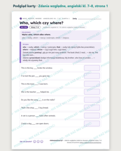 Relative clauses: who, which, that, angielski kl. 7–8 — 10 kart PDF — podgląd karty, strona 1