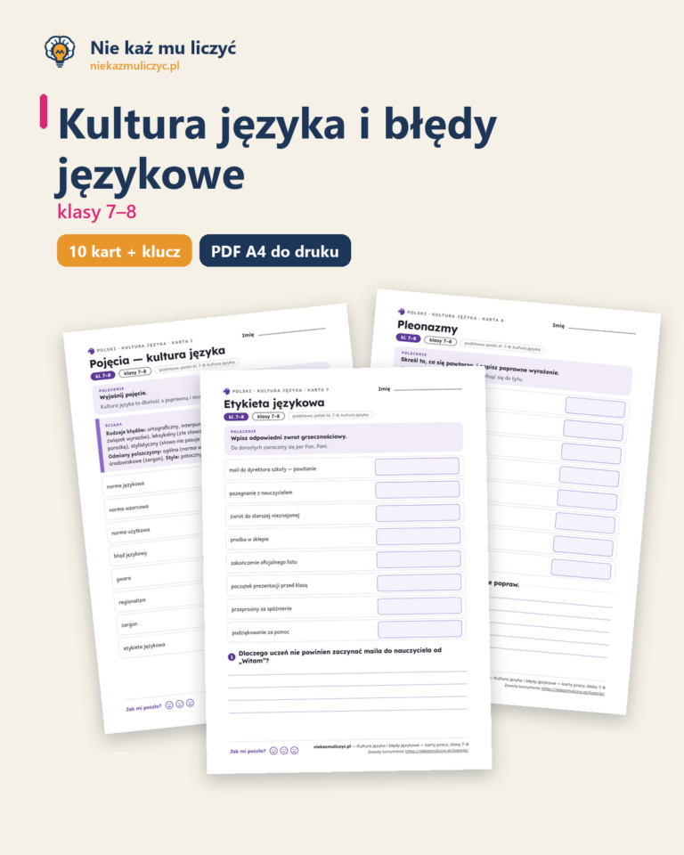 Kultura języka i błędy językowe, kl. 7–8 — 10 kart PDF z kluczem — okładka