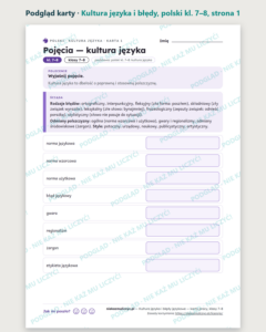 Kultura języka i błędy językowe, kl. 7–8 — 10 kart PDF z kluczem — podgląd karty, strona 1