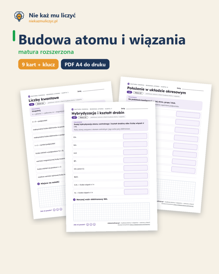 Budowa atomu i wiązania — matura z chemii — 9 kart PDF z kluczem — okładka