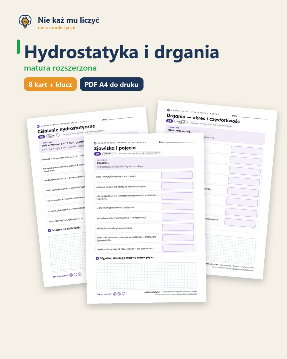Hydrostatyka i drgania — matura z fizyki — 8 kart PDF z kluczem — okładka
