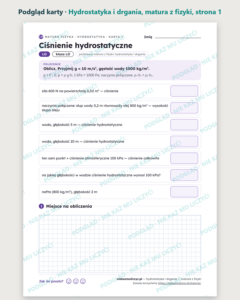Hydrostatyka i drgania — matura z fizyki — 8 kart PDF z kluczem — podgląd karty, strona 1