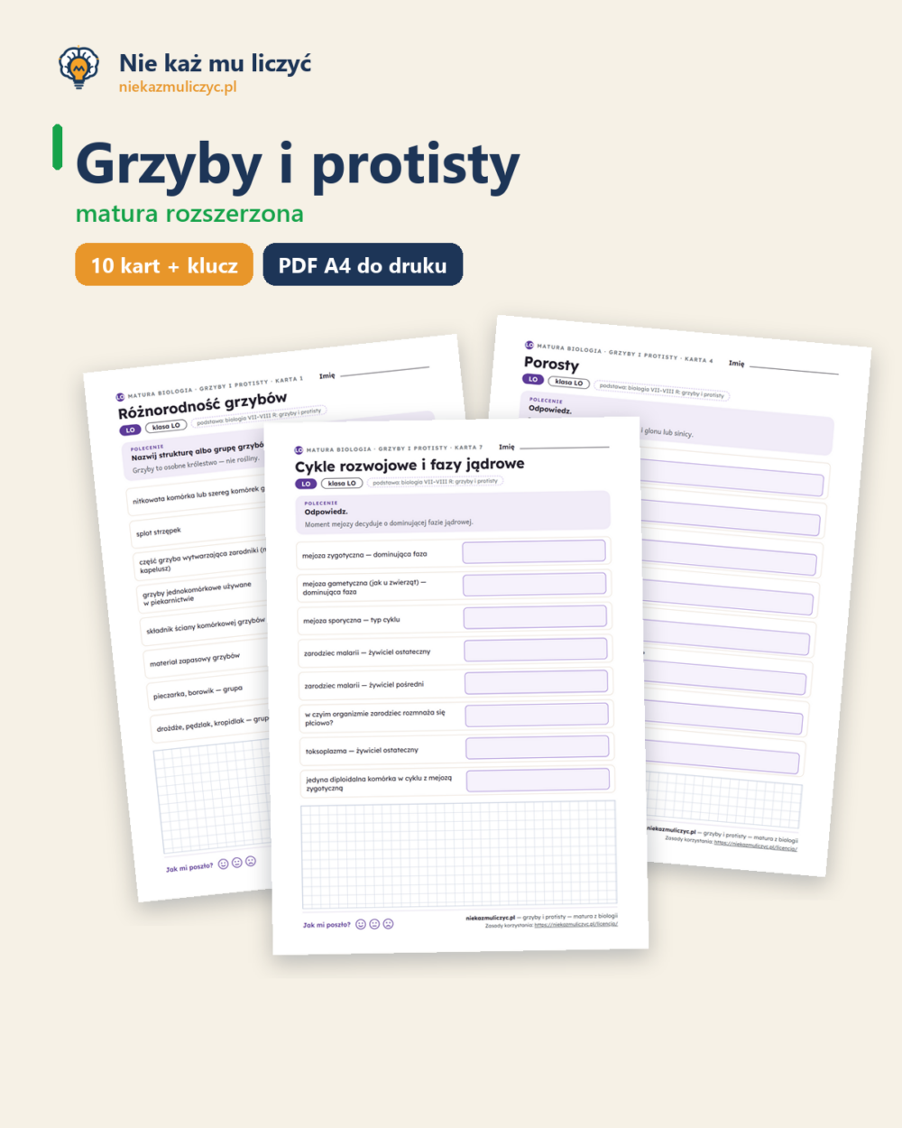 Grzyby i protisty — matura z biologii — 10 kart PDF z kluczem — okładka