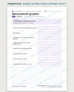 Grzyby i protisty — matura z biologii — 10 kart PDF z kluczem — podgląd karty, strona 1