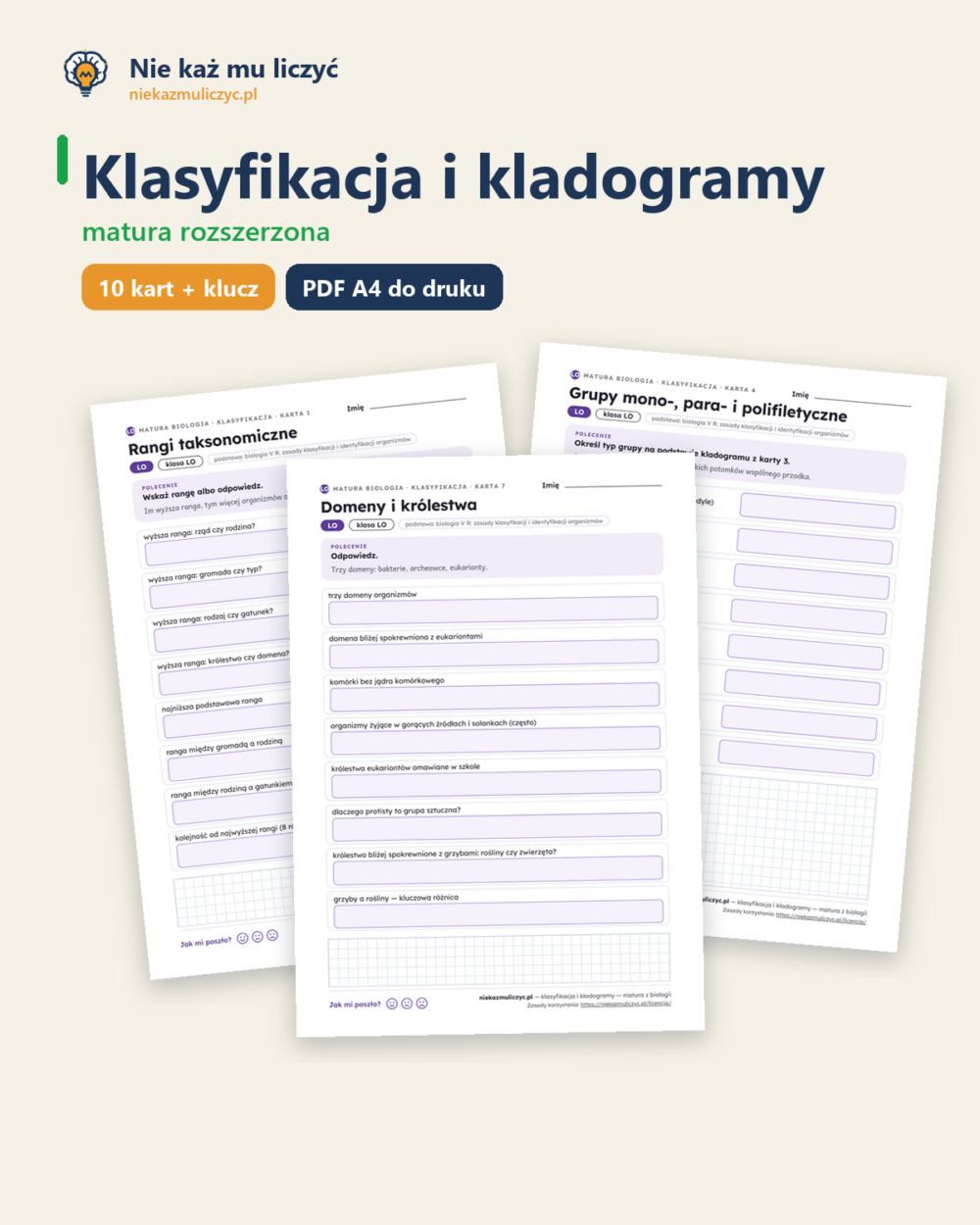Klasyfikacja i kladogramy — matura z biologii — 10 kart PDF z kluczem — okładka