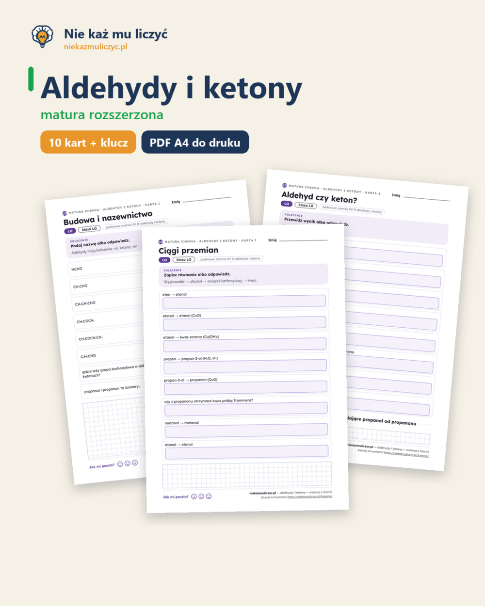 Aldehydy i ketony — matura z chemii — 10 kart PDF z kluczem — okładka