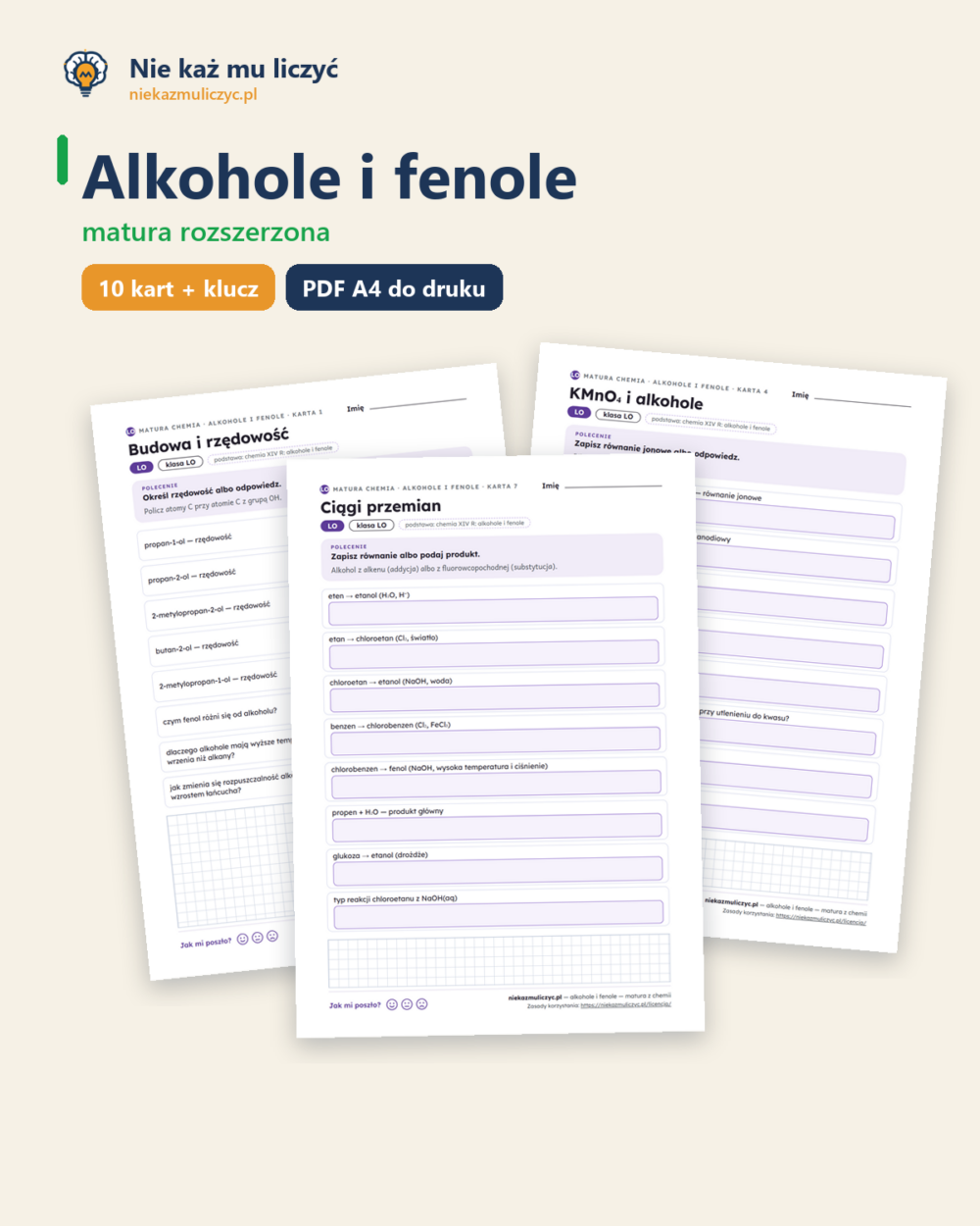 Alkohole i fenole — matura z chemii — 10 kart PDF z kluczem — okładka