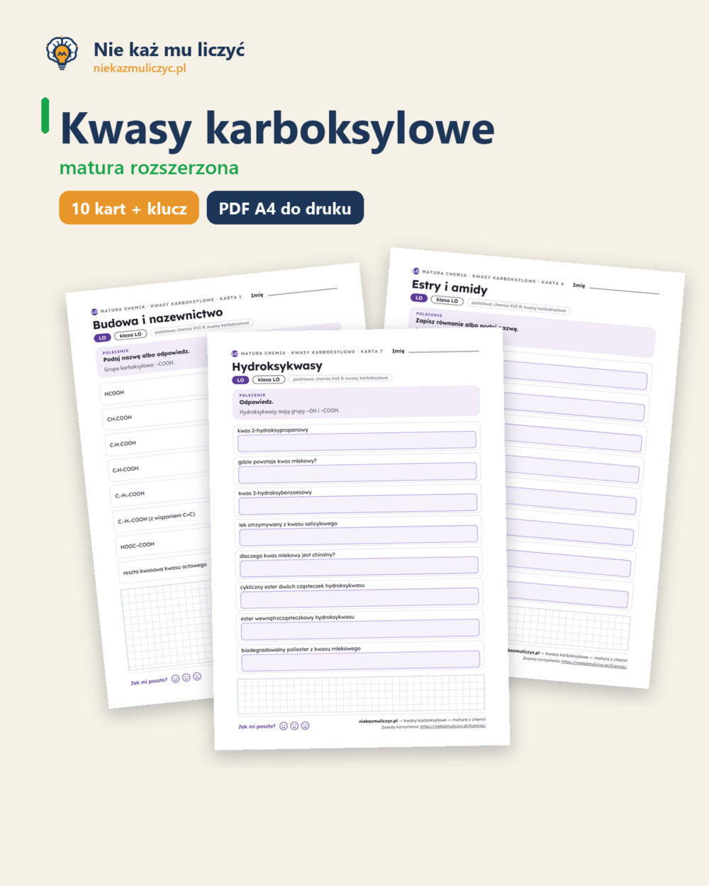 Kwasy karboksylowe — matura z chemii — 10 kart PDF z kluczem — okładka